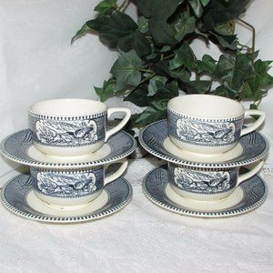 Vintage Royal China Currier & Ives Cups & Saucers 4 Sets Blue White Mid-century